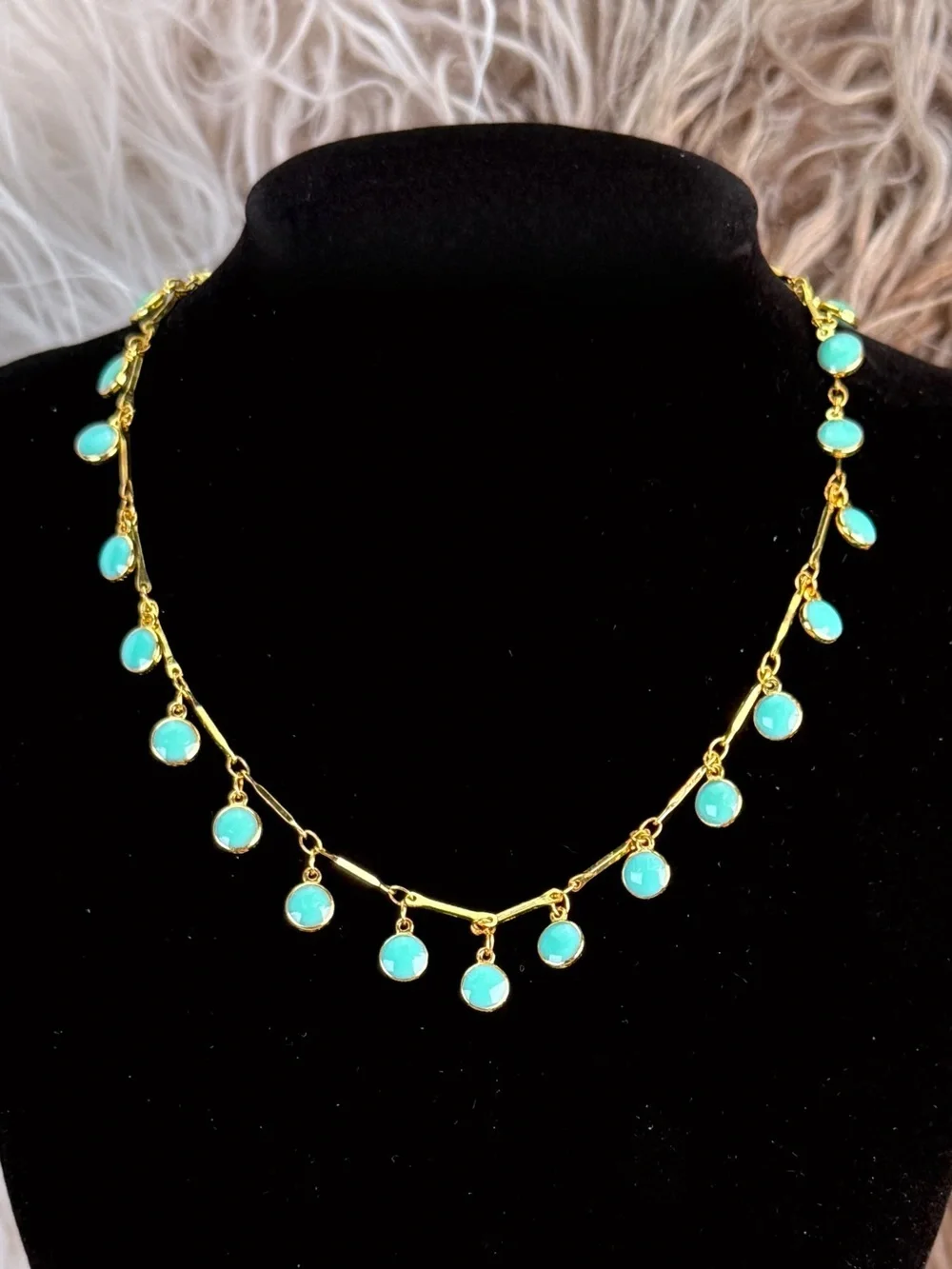 Turquoise Color Gold Tone Bezel Drop Station Necklace Adjustable Dangle Jewelry